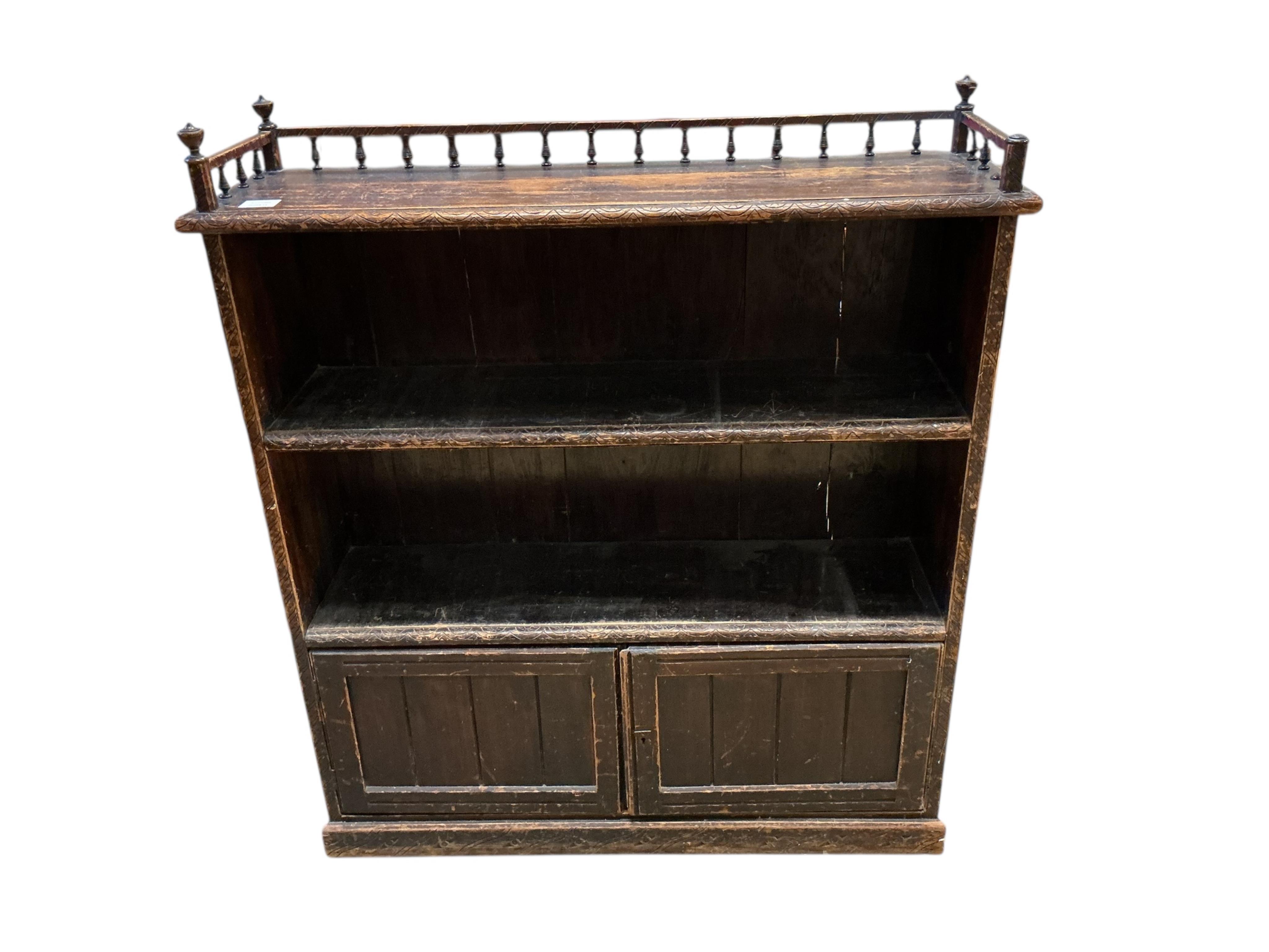 A late Victorian pine open bookcase, width 95cm, depth 27cm, height 105cm